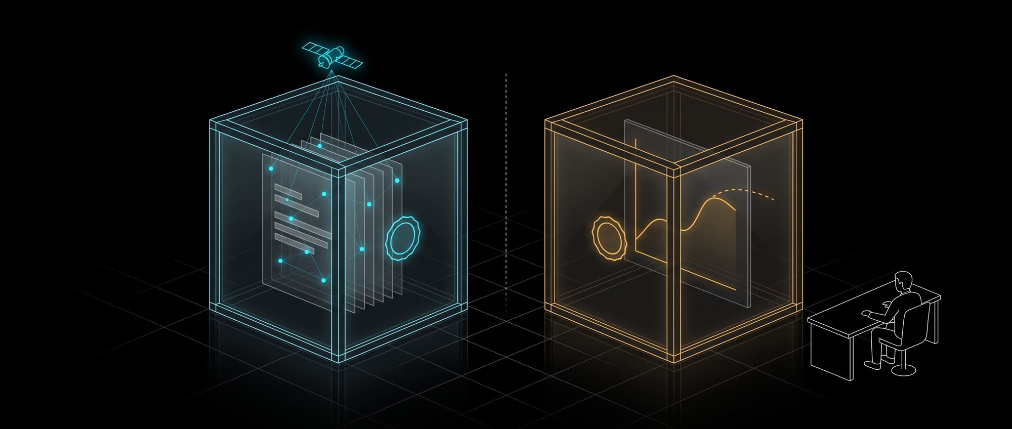 Two sealed vaults standing apart: one in cyan holding cited records, one in amber holding a projected curve, each with its own seal, and a person at a desk looking at both